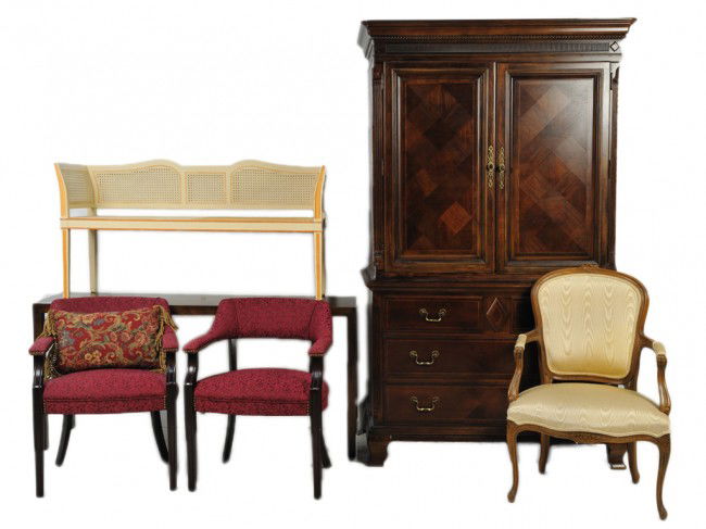 A LOT OF MISCELLANEOUS FURNITURE 6 pieces: A LOT OF MISCELLANEOUS FURNITURE including three arm chairs an armoire fashioned as a media cabinet a sofa table and a bench with caned seat and back 6 pieces