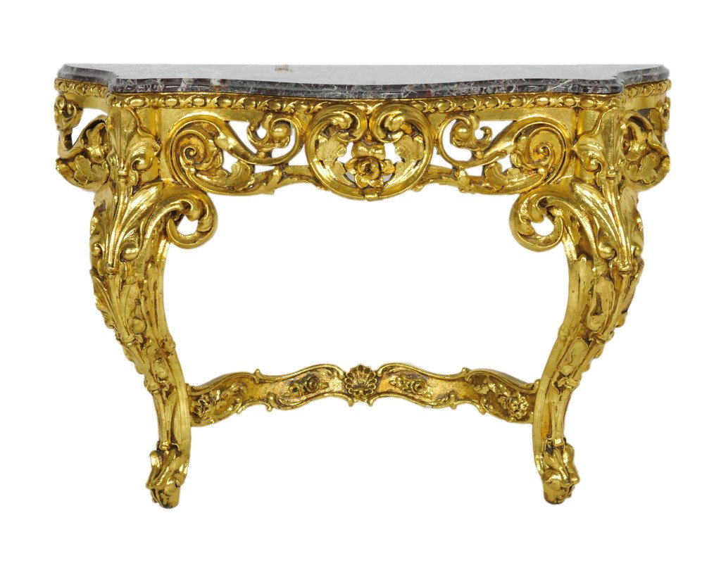 A LOUIS XV STYLE LARGE GILTWOOD WALL CONSOLE TABLE: A LOUIS XV STYLE LARGE GILTWOOD WALL CONSOLE TABLE WITH MARBLE TOP Late Nineteenth Century The serpentine marble top on the heavily carved and pierced gilded frame centering a shell cartouche flanked 