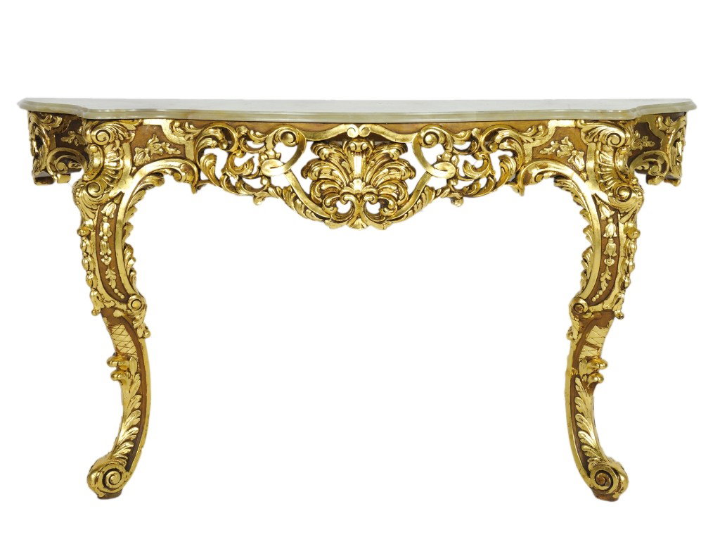 A LOUIS XV STYLE SMALL GILTWOOD WALL CONSOLE TABLE: A LOUIS XV STYLE SMALL GILTWOOD WALL CONSOLE TABLE WITH MARBLE TOP Late Nineteenth Century The serpentine marble top on the elaborately carved and pierced gilded frame centering a shell cartouche with