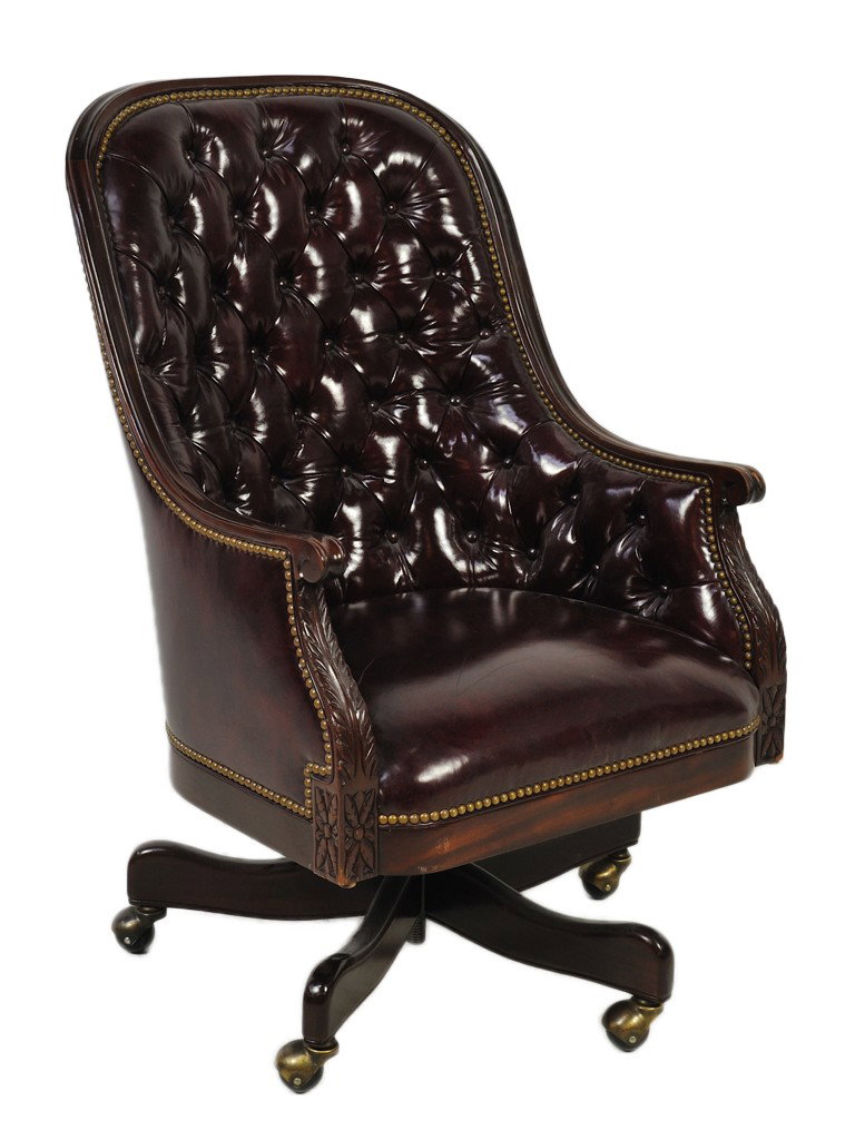 A MAHOGANY OPEN FRAME DESK CHAIR, Made by Hancock : A MAHOGANY OPEN FRAME DESK CHAIR Made by Hancock and Moore tufted vinyl upholstery on back and seat; brass nail heads on swivel legs with brass casters 41 1/2 x 25 x 19 inches