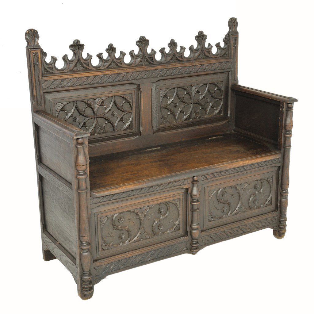 A GOTHIC HALL BENCH WITH STORAGE: A GOTHIC HALL BENCH WITH STORAGE 41 x 43 x 18 inches