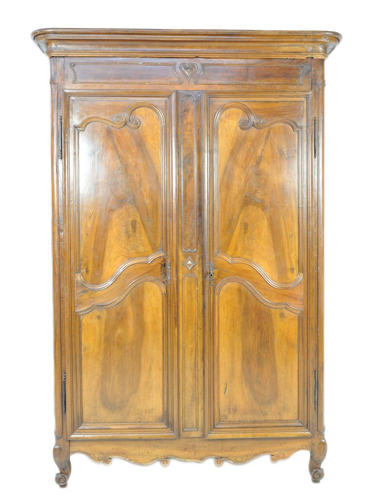 PROVINCIAL LOUIS XV STYLE HORSE-CHESTNUT "WEDDING": PROVINCIAL LOUIS XV STYLE HORSE-CHESTNUT "WEDDING" DOUBLE DOOR ARMOIRE France MID- 18th Century fine proportions and patina; the stepped moulded and rounded cornice above the relief carved frieze of a