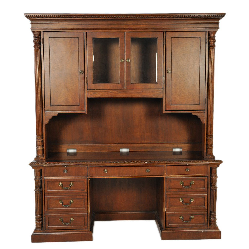 A WALNUT CARVED DESK WITH HUTCH: A WALNUT CARVED DESK WITH HUTCH with egg and dart carving to cornice and writing surface edge ebony inlay to writing surface 84 x 72 x 24 inches