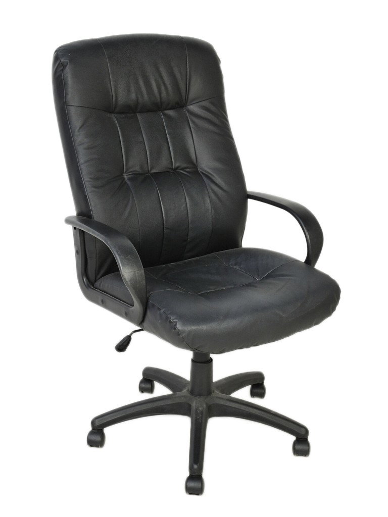 A BLACK LEATHER ARM CHAIR FOR THE OFFICE: A BLACK LEATHER ARM CHAIR FOR THE OFFICE on swivel base with brass casters; scuff marks to arms 48 x 23 x 19 inches