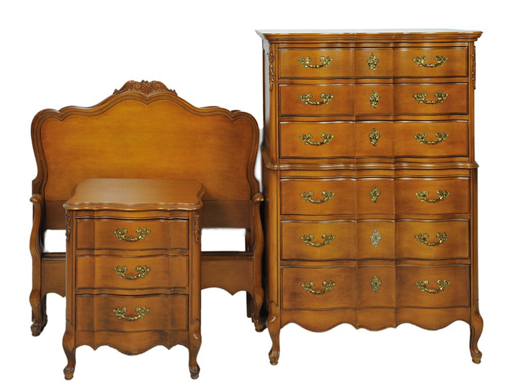 A WALNUT HIGHBOY WITH SIDE TABLE AND TWO BEDS; 20t: A WALNUT HIGHBOY WITH SIDE TABLE AND TWO BEDS; 20th Century shaped front beveled top; gilt brass pulls 4 pieces 53 x 37 x 21 inches/ 27 x 22 x 17 inches