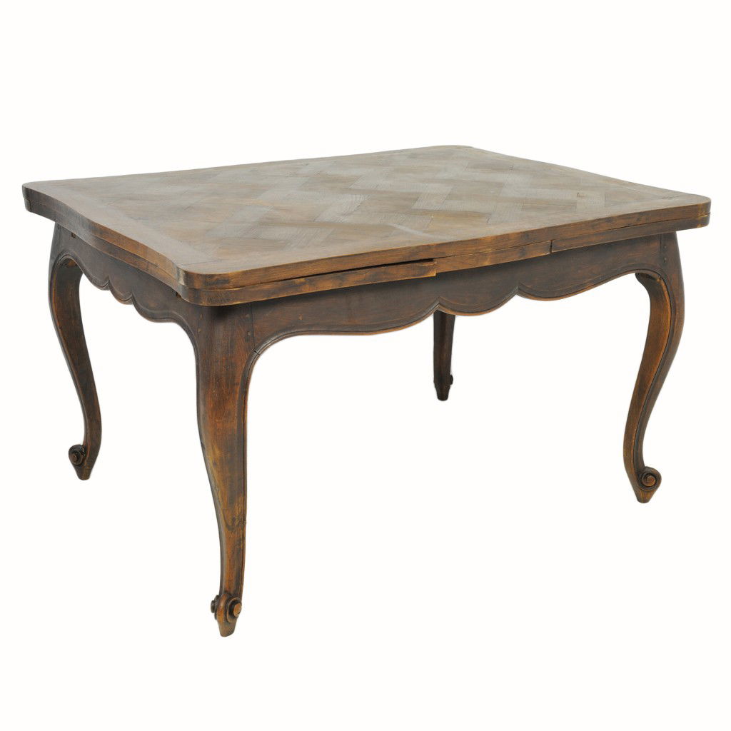 A LOUIS XV OAK DRAW LEAF TABLE: A LOUIS XV OAK DRAW LEAF TABLE parquet top 29 1/2 x 59 1/2 x 39 inches