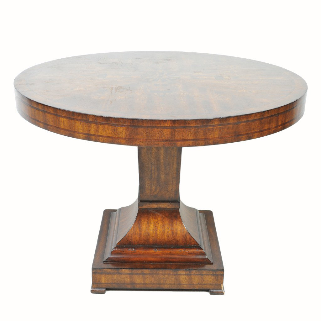 A ROUND MAHOGANY INLAID PEDESTAL TABLE: A ROUND MAHOGANY INLAID PEDESTAL TABLE the marquetry work of various woods depicting urns and floral vines 31 x 42 x 42 inches