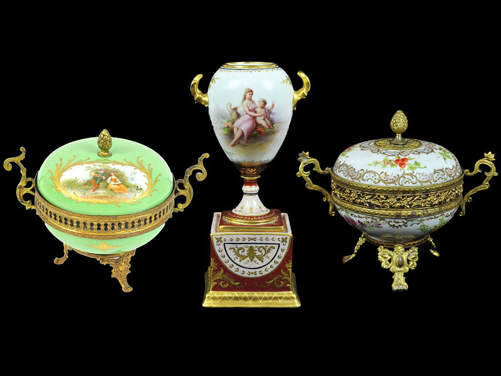 A GOOD GROUP OF GILT BRASS AND PORCELAIN POTPOURRIE: A GOOD GROUP OF GILT BRASS AND PORCELAIN POTPOURRIES AND A VASE Nineteenth Century Various makers; Capodimonte Ovington Bros and Royal Vienna. All hand painted.