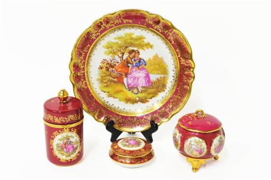 FOUR PIECES OF LIMOGES, France, Nineteenth Century: FOUR PIECES OF LIMOGES France Nineteenth Century Each by Limoges each box burgundy and gold hand-painted.