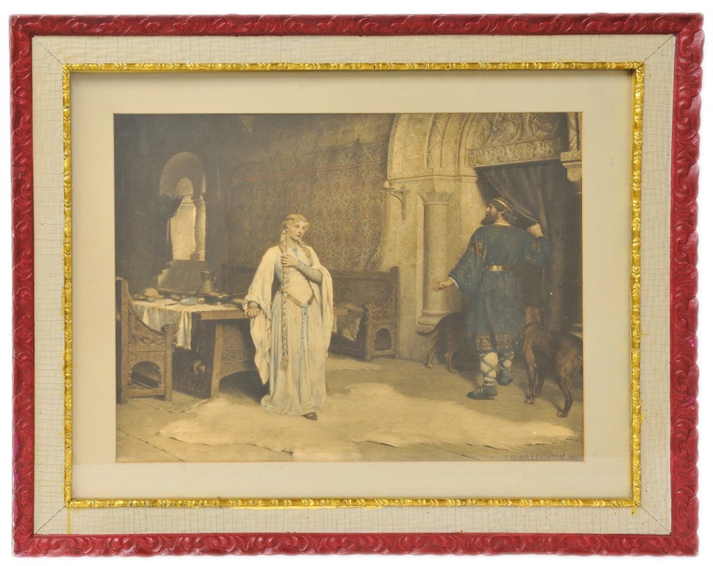 EDMUND BLAIR LEIGHTON, (British pre-Raphaelite, 185: EDMUND BLAIR LEIGHTON (British pre-Raphaelite 1852-1922) Medieval Interior with Queen and King Hand colored lithograph Signed "E. BLAIR LEIGHTON. 1802." lower right (within print) 19 1/4 x 23 1/2 inch