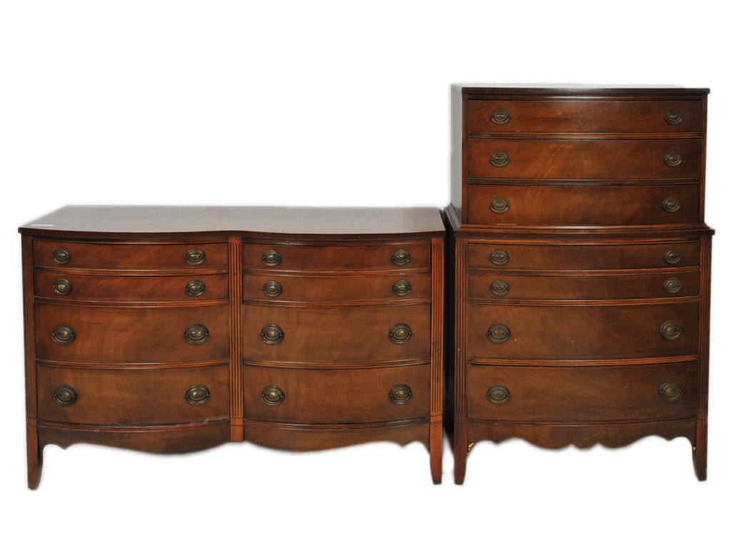 A MAHOGANY DRESSER AND HIGHBOY 2 pieces: A MAHOGANY DRESSER AND HIGHBOY the dresser with four small drawers and four large drawers; the highboy with seven levels; all with brass pulls 2 pieces dresser 34 1/2 x 56 1/2 x 20 inches; highboy 53 