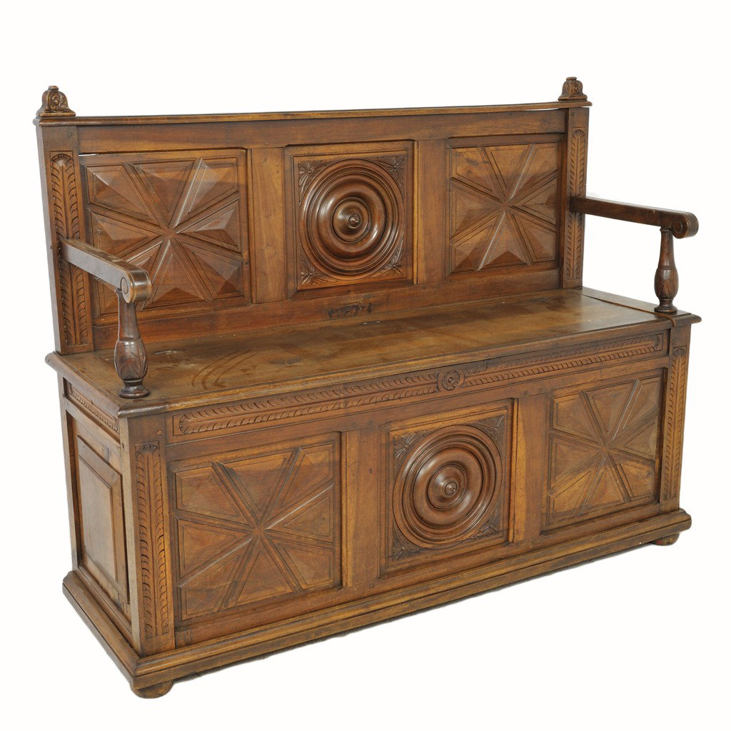 AN ART NOUVEAU HALL BENCH WITH STORAGE: AN ART NOUVEAU HALL BENCH WITH STORAGE 48 1/2 x 62 x 20 inches