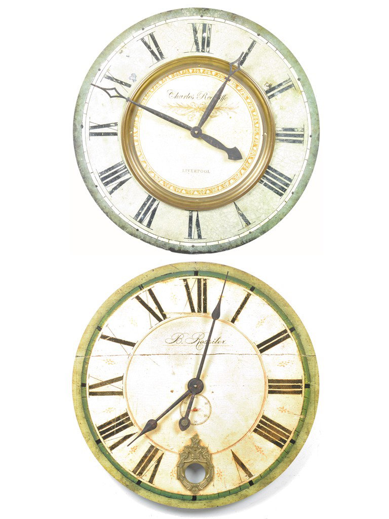A PAIR OF "ANTIQUED" DECORATIVE WALL CLOCKS, Twent: A PAIR OF "ANTIQUED" DECORATIVE WALL CLOCKS Twenty-First Century battery operated 2 pieces largest 30 1/2 x 30 1/2 x 2 inches
