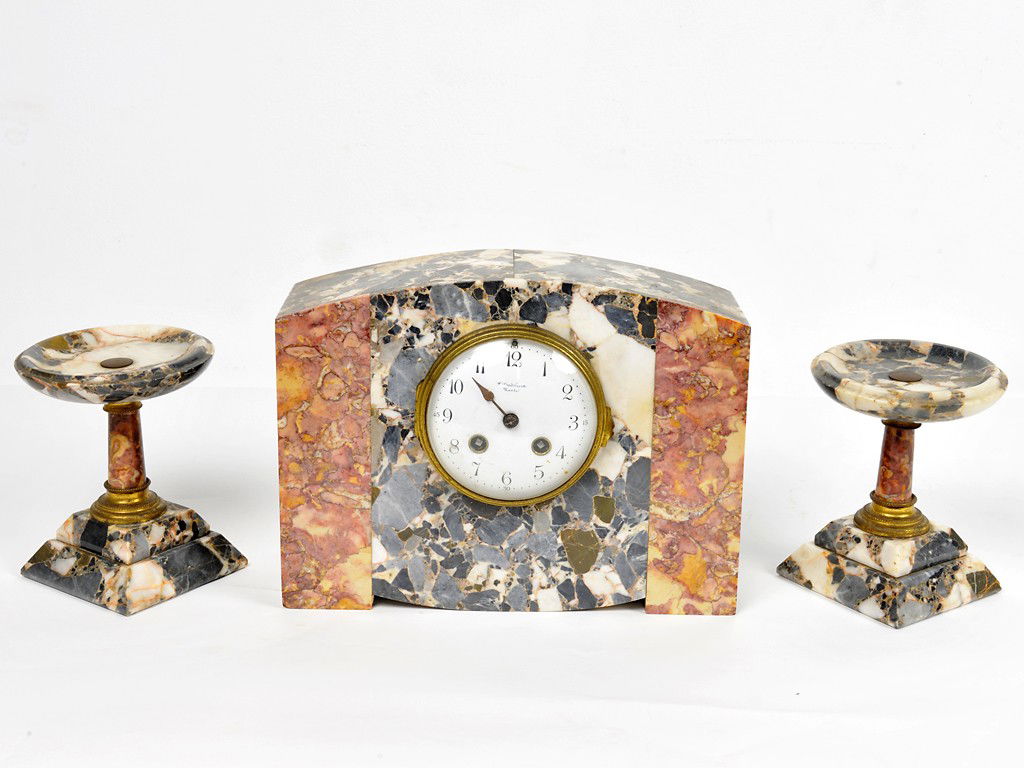 A THREE PIECE FRENCH MARBLE ART DECO GARNITURE SET: A THREE PIECE FRENCH MARBLE ART DECO GARNITURE SET clock 9 x 11 x 5 1/2 inches; 6 x 5 x 5 inches