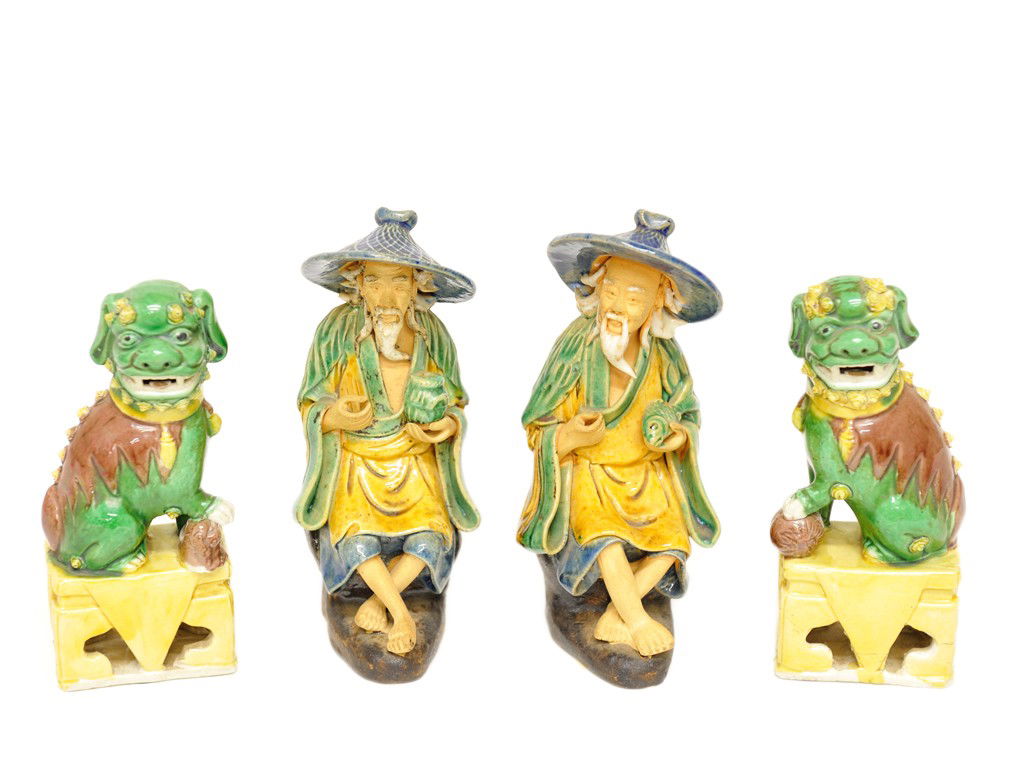 FOUR PIECES OF SANCAI STYLE CERAMIC FIGURINES, Late: FOUR PIECES OF SANCAI STYLE CERAMIC FIGURINES Late Nineteenth Century including two fishermen and two imperial guardian lions or shishi meaning "stone lion" on pierced plinth base 4 pieces 5 1/2 x 2 1