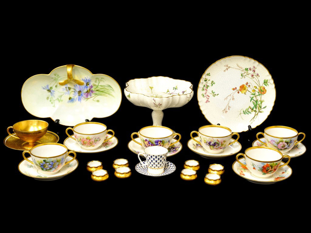 A LOT OF MISCELLANEOUS GILDED PORCELAIN 27 pieces: A LOT OF MISCELLANEOUS GILDED PORCELAINincluding a Mintons compote and plate; and Austrian sweets dish and 6 Limoges cups and saucers 27 pieces