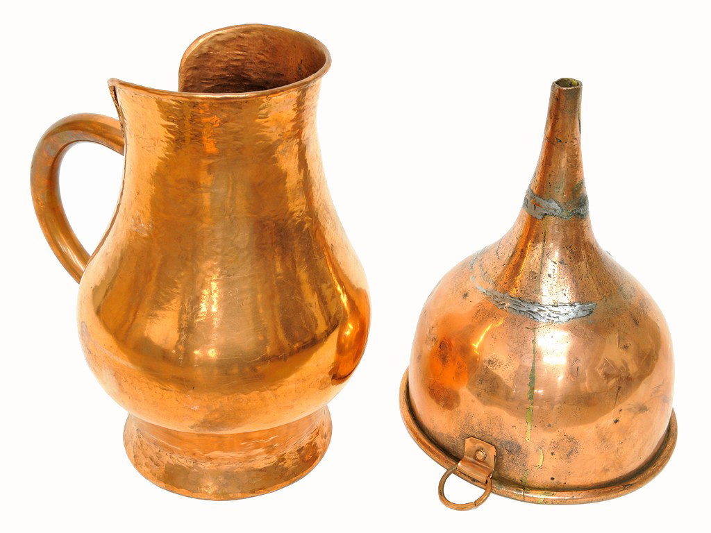 A FRENCH COPPER PITCHER AND FUNNEL: A FRENCH COPPER PITCHER AND FUNNELpitcher 12 x 11 x 8 inches; funnel 11 x 8 inches