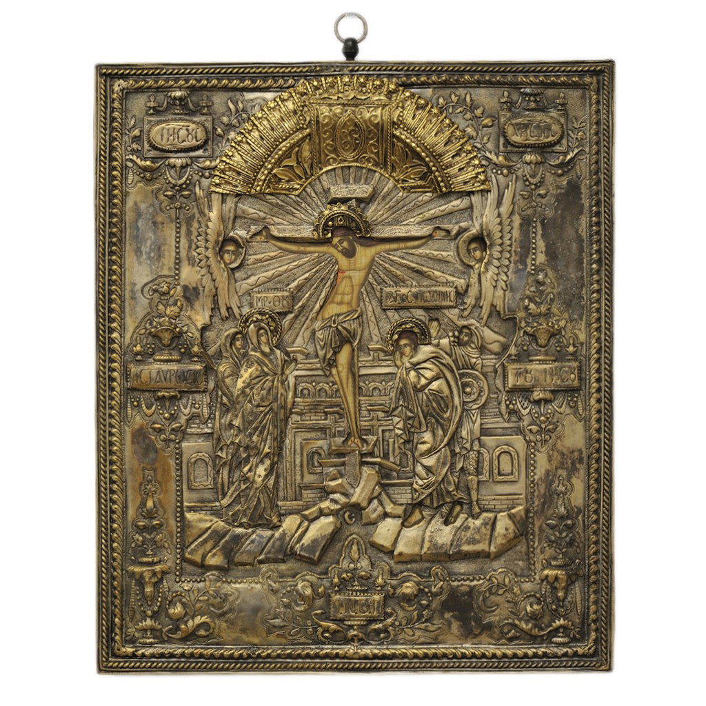 A SILVER PLATED BYZANTINE ICON, Greece: A SILVER PLATED BYZANTINE ICON, Greecewith gilt brass applications; engraved and hammered 15 x 12 1/2 x 1 1/4 inches