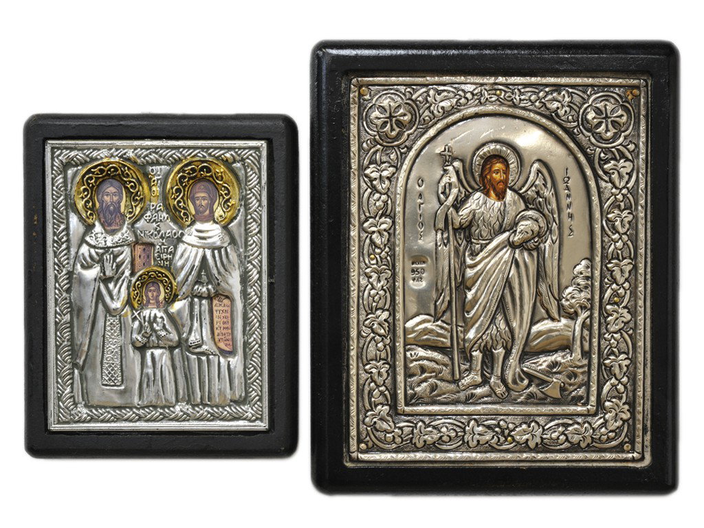 TWO SILVER BYZANTINE ICONS, Greece 2 pieces: TWO SILVER BYZANTINE ICONS, Greeceone of silver grade marked ""950""; the other of silver plate with gold paint 2 pieces 6 x 5 x 3/4 inches / 4 1/2 x 3 1/2 x 1/2 inches