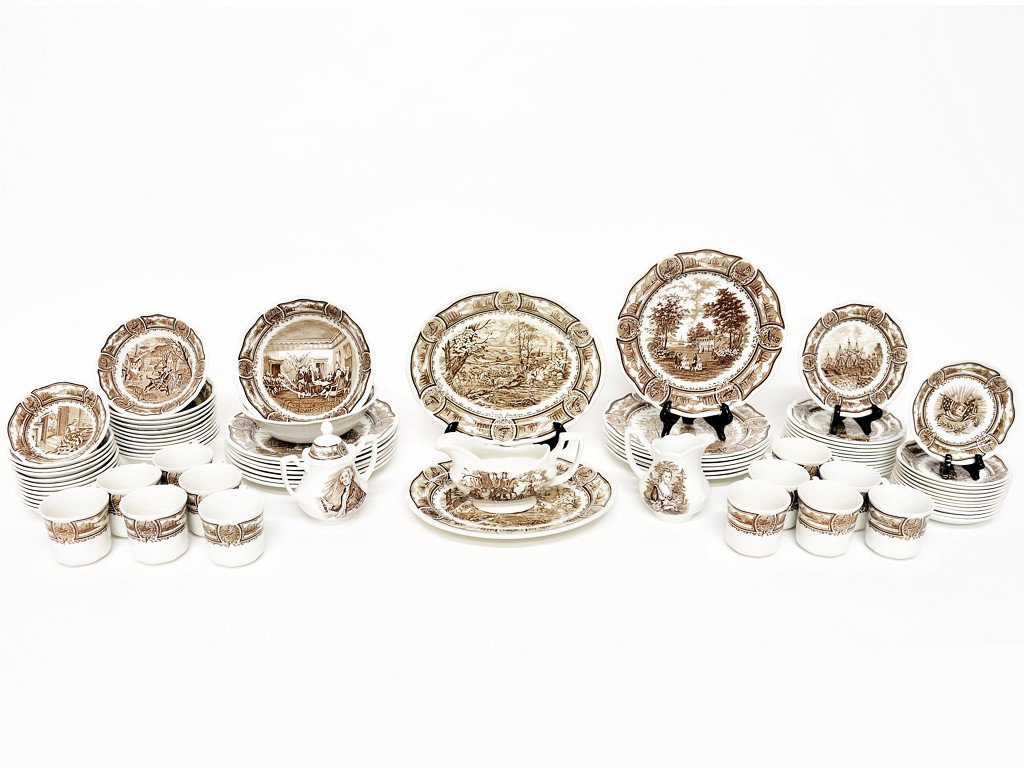 AMERICAN STYLE HOUSE IRONSTONE, Made by J & G Meaki: AMERICAN STYLE HOUSE IRONSTONE, Made by J & G Meakin, Englandincluding: 2 platters2 serving bowls12 soup bowls12 dessert bowls12 saucers12 bread and butter plates14 dinner plates1 creamer1 sugar1 grav
