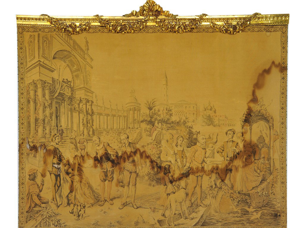 A TAPESTRY WITH GILT WOOD GARLAND CORNICE: A TAPESTRY WITH GILT WOOD GARLAND CORNICEwater damage 54 1/2 x 72 inches