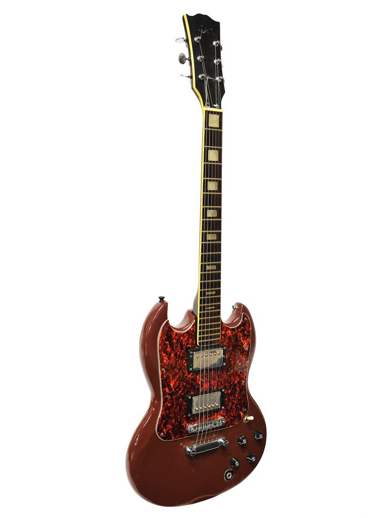AN ELECTRIC GUITAR WITH CASE: AN ELECTRIC GUITAR WITH CASEno maker's mark; with four adjustable control knobs