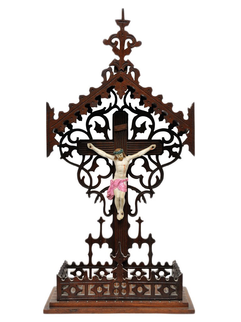 AN AMERICAN VICTORIAN PIERCED CARVED MAHOGANY CHURC: AN AMERICAN VICTORIAN PIERCED CARVED MAHOGANY CHURCH ALTAR WITH CRUCIFIXwith cornice and gallery; hand painted bisque figure of Jesus 22 x 11 x 6 inches