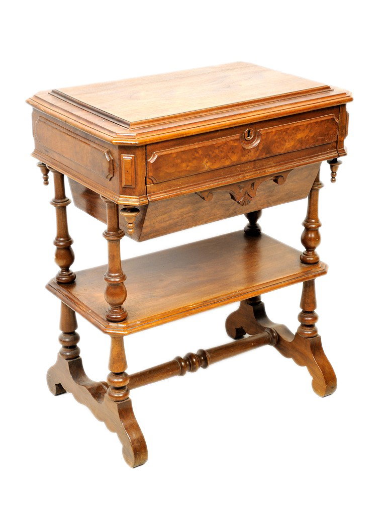 AMERICAN EASTLAKE WALNUT AND BURLED WALNUT WORK TAB: AMERICAN EASTLAKE WALNUT AND BURLED WALNUT WORK TABLE, 19th CENTURYwith raised beveled cross banded top; two drawers; platform stretcher; vasiform turned supports; urn pendants 29 1/2 x 24 x 16 1/2 in