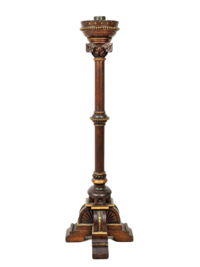 AMERICAN GOTHIC REVIVAL EBONY AND GILT DECORATED WA: AMERICAN GOTHIC REVIVAL EBONY AND GILT DECORATED WALNUT TORCHIERE, 19th CENTURYthe columnar standard accented by carved pyramids, beads and rosette capital on scrolled quadruped base 58 x 19 x 19 inch