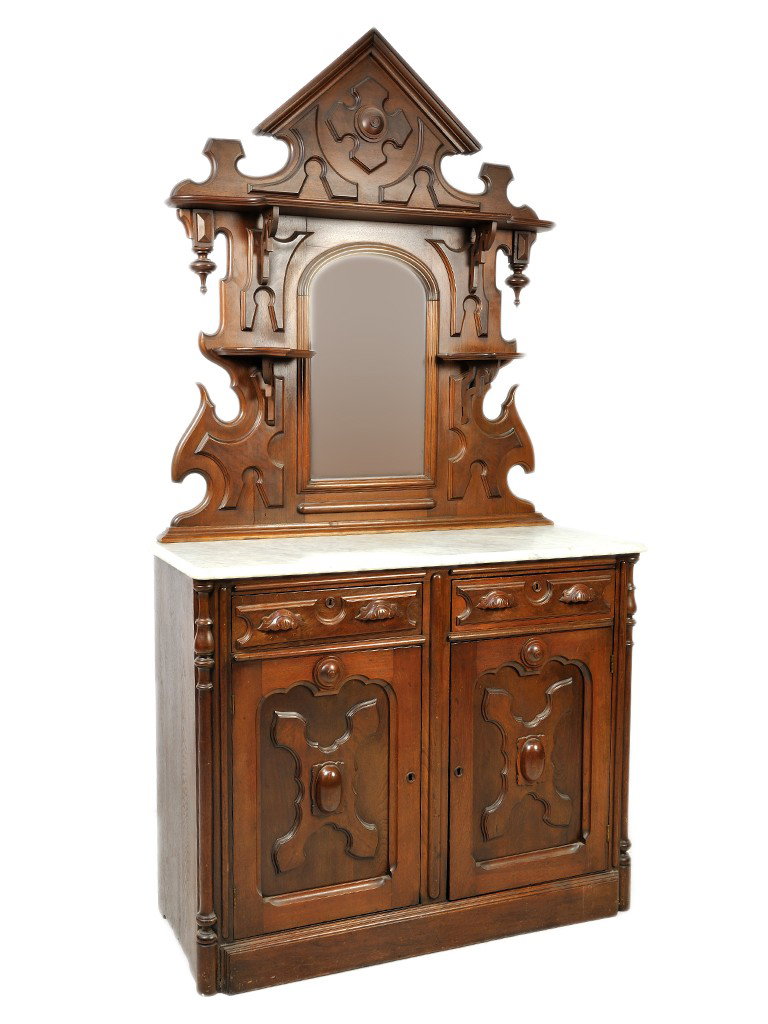 AMERICAN VICTORIAN MAHOGANY MARBLE TOP MIRRORED SID: AMERICAN VICTORIAN MAHOGANY MARBLE TOP MIRRORED SIDEBOARD, 19th CENTURYmallaed inspired; the arched cornice above a shaped moulded shelf above the domed mirror plate flanked by shaped brackets on pier