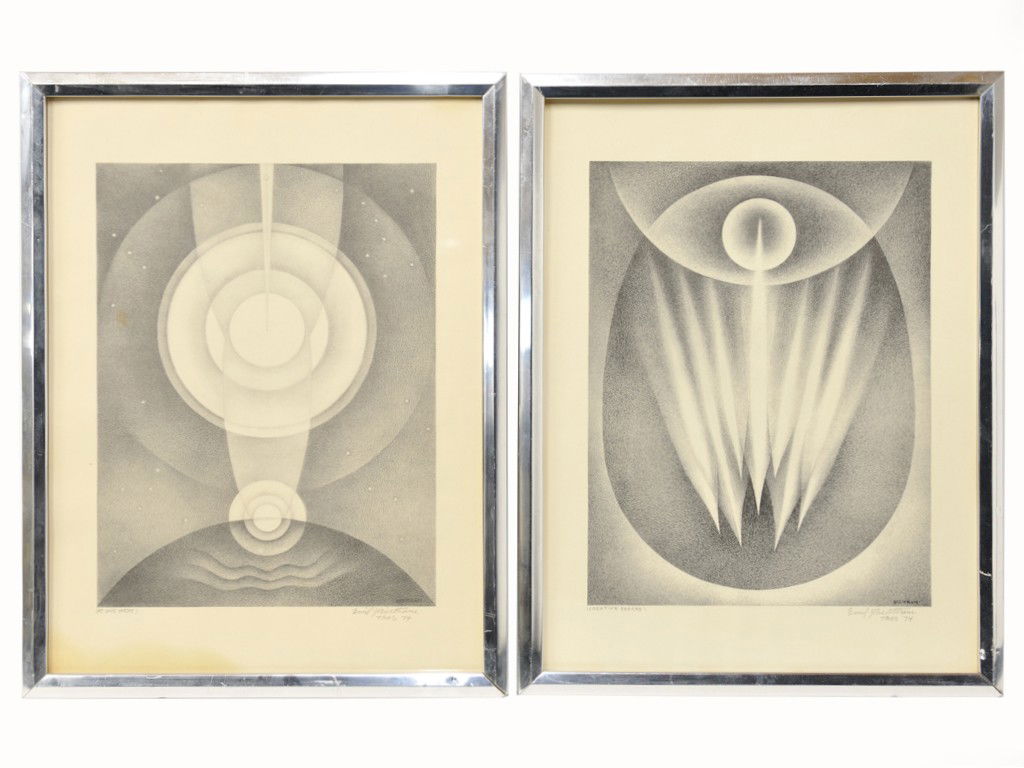 A PAIR OF LITHOGRAPHS BY EMIL BISTTRAM (1895-1976): A PAIR OF LITHOGRAPHS BY EMIL BISTTRAM (1895-1976) ""Creative Forces"" ""Atonement"" each signed lower right in pencil and marked ""Taos '74"" framed 2 pieces 15 1/2 x 11 1/2 inches (image)