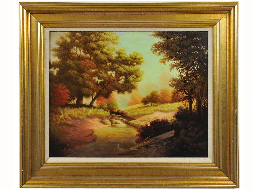 CARL WALTER, (Twentieth Century), Creek Landscape,: CARL WALTER (Twentieth Century) Creek Landscape, March 1980 oil on canvas signed and dated lower left 16 x 2 inches