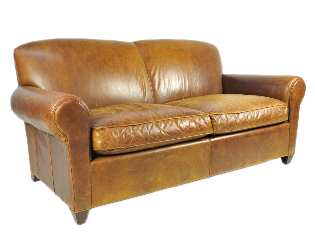 A DISTRESSED BROWN LEATHER UPHOLSTERED TWO SEATER: A DISTRESSED BROWN LEATHER UPHOLSTERED TWO SEATER SOFA; Made by Crate & Barrel 20th Century having a shaped self-corded back and rolled arms with two self corded box cushings, raised on tapering squar
