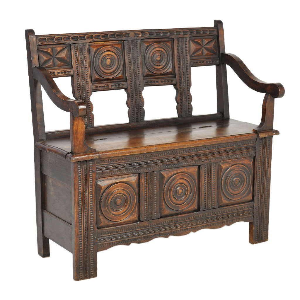 AN ART NOUVEAU OAK HALL BENCH WITH STORAGE 39 1/2 x: AN ART NOUVEAU OAK HALL BENCH WITH STORAGE 39 1/2 x 41 x 15 inches