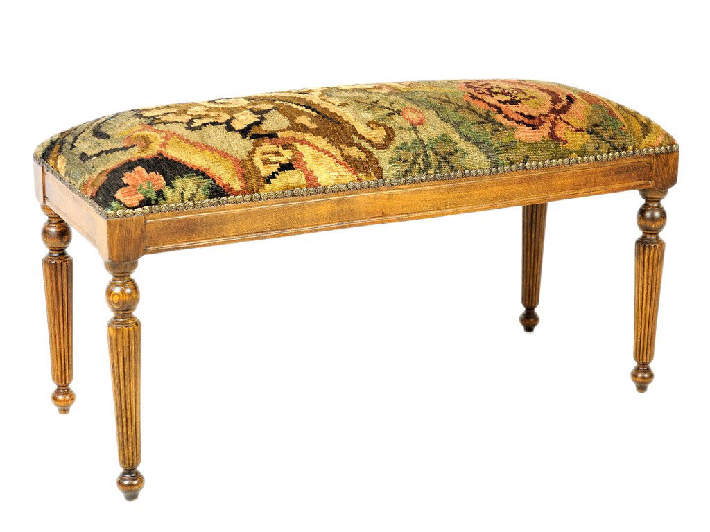 A LOUIS XVI STYLE WALNUT FINISHED BEECHWOOD BENCH,: A LOUIS XVI STYLE WALNUT FINISHED BEECHWOOD BENCH, 20th Century domed rug upholstered seat with nail head detailing; fluted apron; waisted fluted tapering circular legs on toupie feet 19 x 40 x 15 1/2