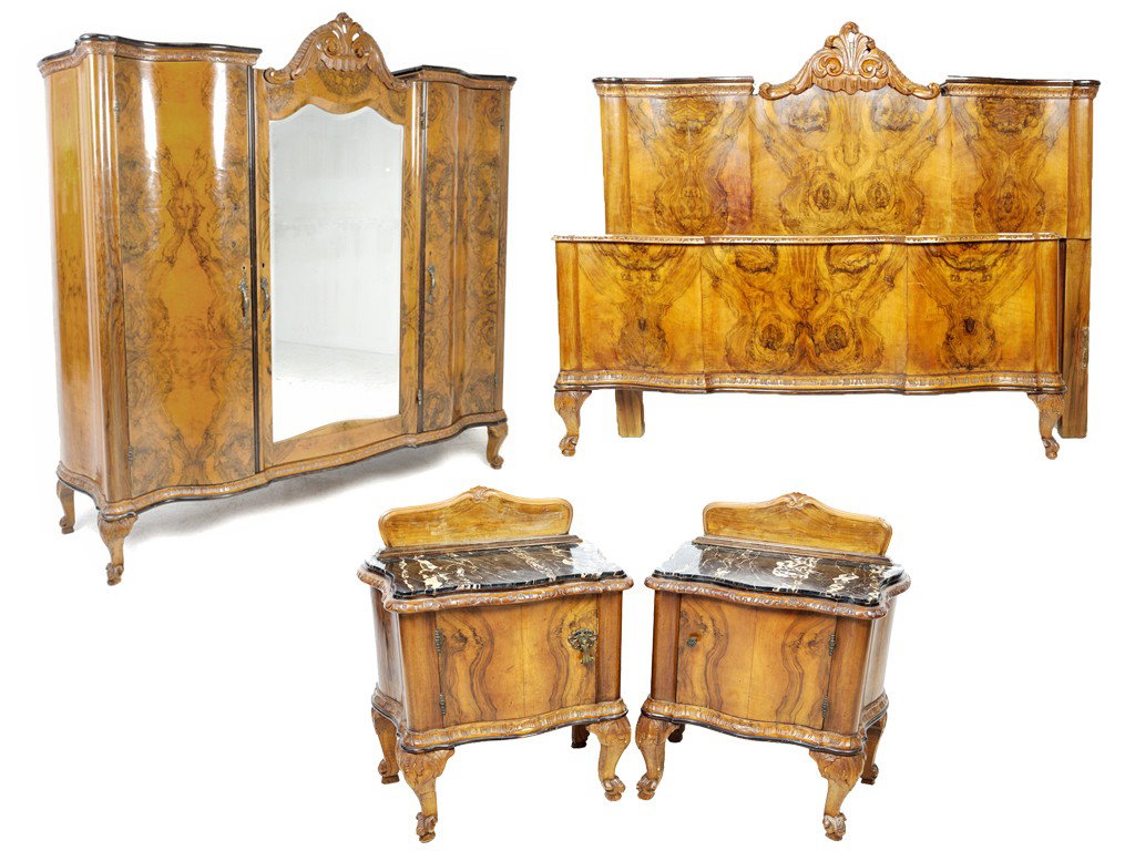 A VENETIAN BURLED WALNUT TRIPLE DOOR ARMOIRE, BED : A VENETIAN BURLED WALNUT TRIPLE DOOR ARMOIRE, BED AND LAMP TABLE center door with beveled mirror armoire-84 x 86 x 24 inches; bed-length 78 inches; width 65 inches; lamp table 31 1/2 x 21 1/2 x 13 inc