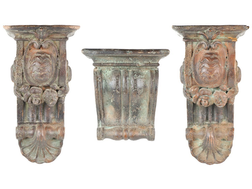 THREE PAINTED CAST STONE WALL BRACKETS 3 pieces 15: THREE PAINTED CAST STONE WALL BRACKETS 3 pieces 15 x 8 x 16 inches
