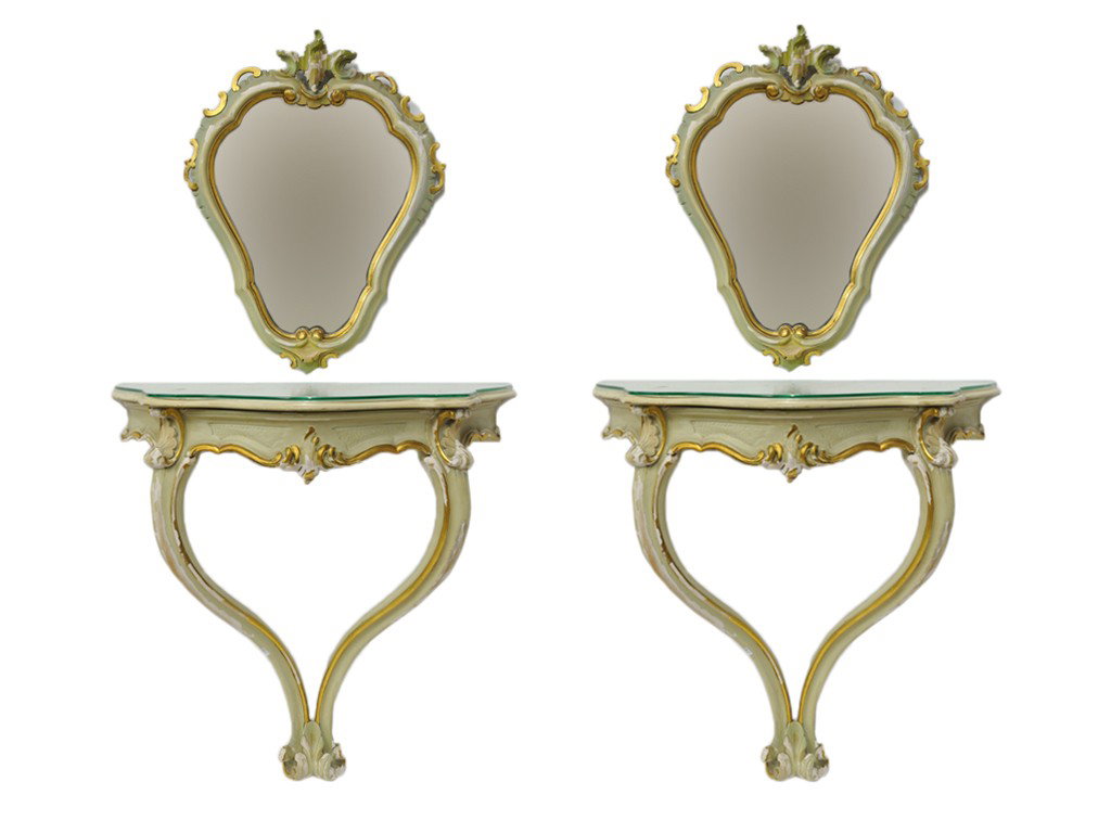 A PAIR OF ITALIAN BAROQUE PAINTED WALL CONSOLE TAB: A PAIR OF ITALIAN BAROQUE PAINTED WALL CONSOLE TABLES AND MIRRORS 21 x 22 x 9 1/2 inches; mirrors 18 inches