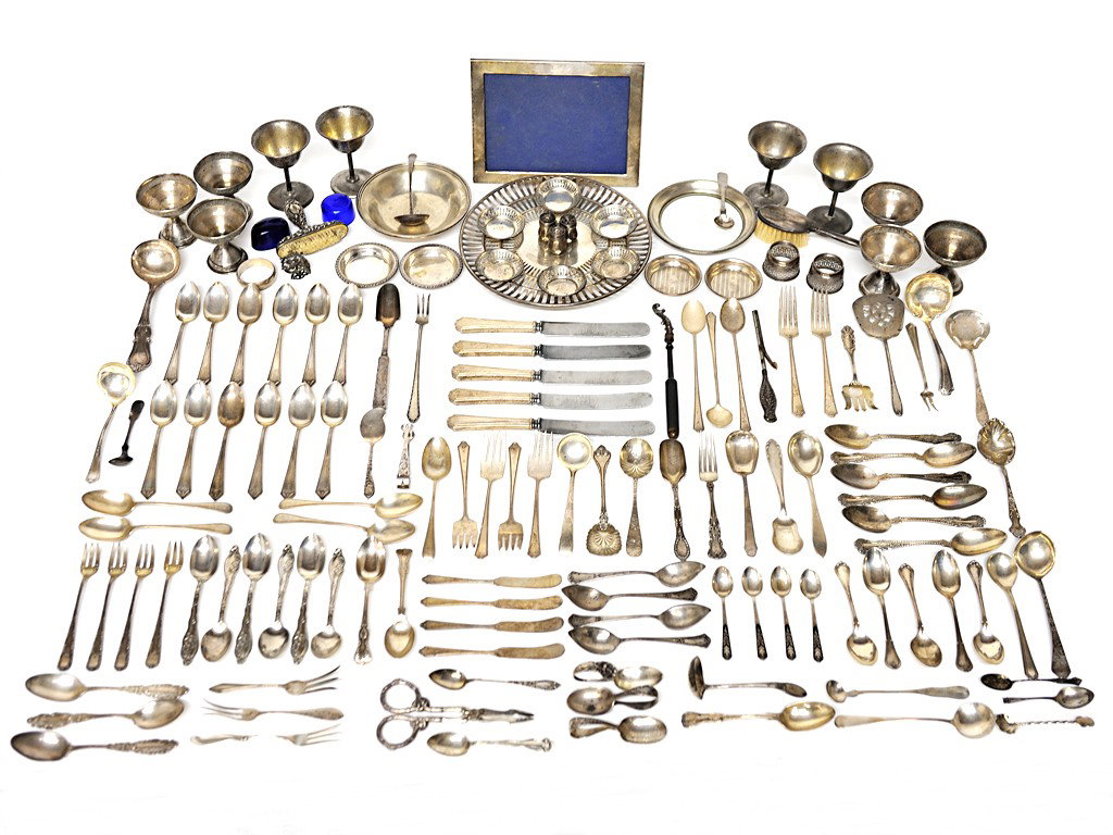 MISCELLANEOUS STERLING LOT WITH FUNNELS, CUPS, FLATW: MISCELLANEOUS STERLING LOT WITH FUNNELS, CUPS, FLATWARE FRAME, FOOTED PLATE, ETC. total weight 8lbs. 2.7 oz approximately 100 pieces