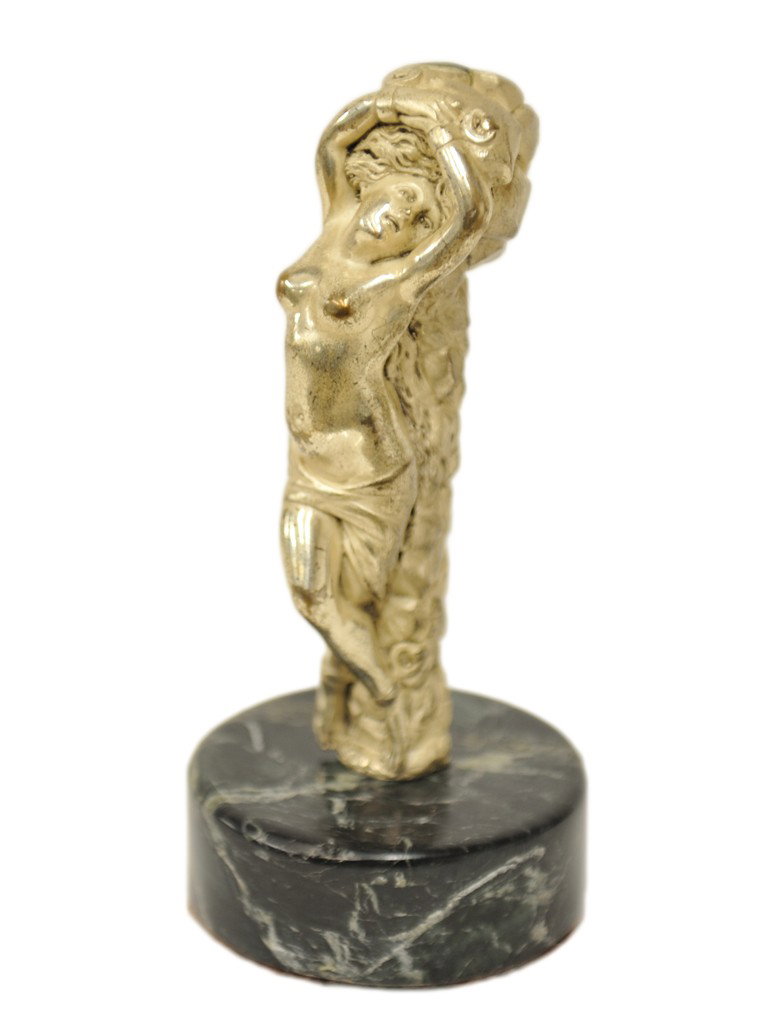 ART NOUVEAU / DECO METAL SCULPTURE ON MARBLE BASE: ART NOUVEAU / DECO METAL SCULPTURE ON MARBLE BASE 5 1/2 x 2 1/2 x 2 1/2