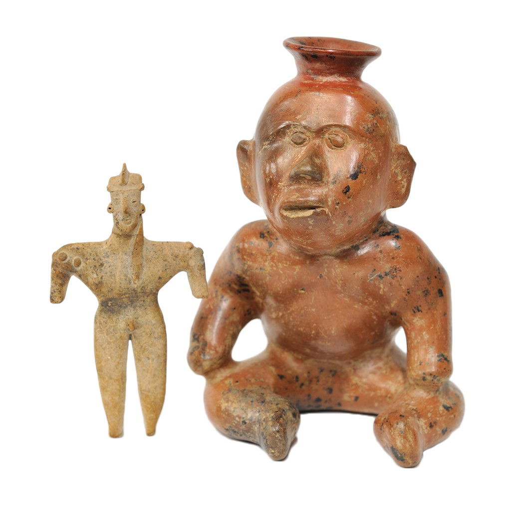 TWO COLIMA EARTHENWARE FIGURES 2 pieces: TWO COLIMA EARTHENWARE FIGURES the larger a vessel in the shape of a seated figure; the smaller a flat solid male figurine 2 pieces 10 x 7 x 6 1/2 inches (largest)