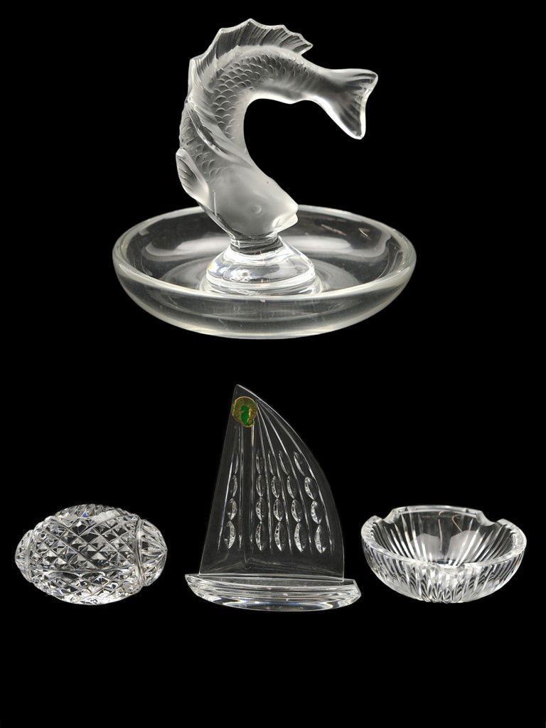 THREE PIECES OF CRYSTAL GLASS; TWO WATERFORD AND O: THREE PIECES OF CRYSTAL GLASS; TWO WATERFORD AND ONE ROYAL DOULTON; AND A LALIQUE RING DISH WITH CONTROPOSTO FISH TOPPER including one Waterford egg with acid etched stamp to base; one Waterford sailb