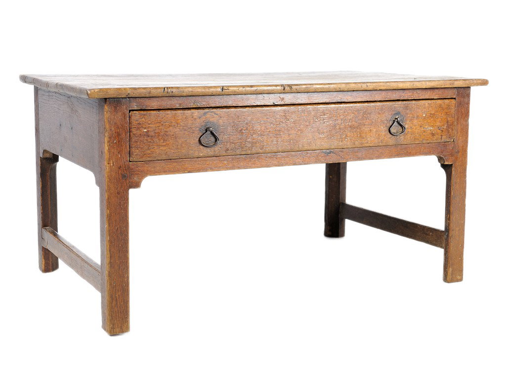AN ANTIQUE OAK OCCAISIONAL TABLE / COFFEE TABLE, E: AN ANTIQUE OAK OCCAISIONAL TABLE / COFFEE TABLE, Early 18th Century with single partitioned drawer to front; age cracks and minor surface blemishes and water marks 19 x 38 x 22 inches