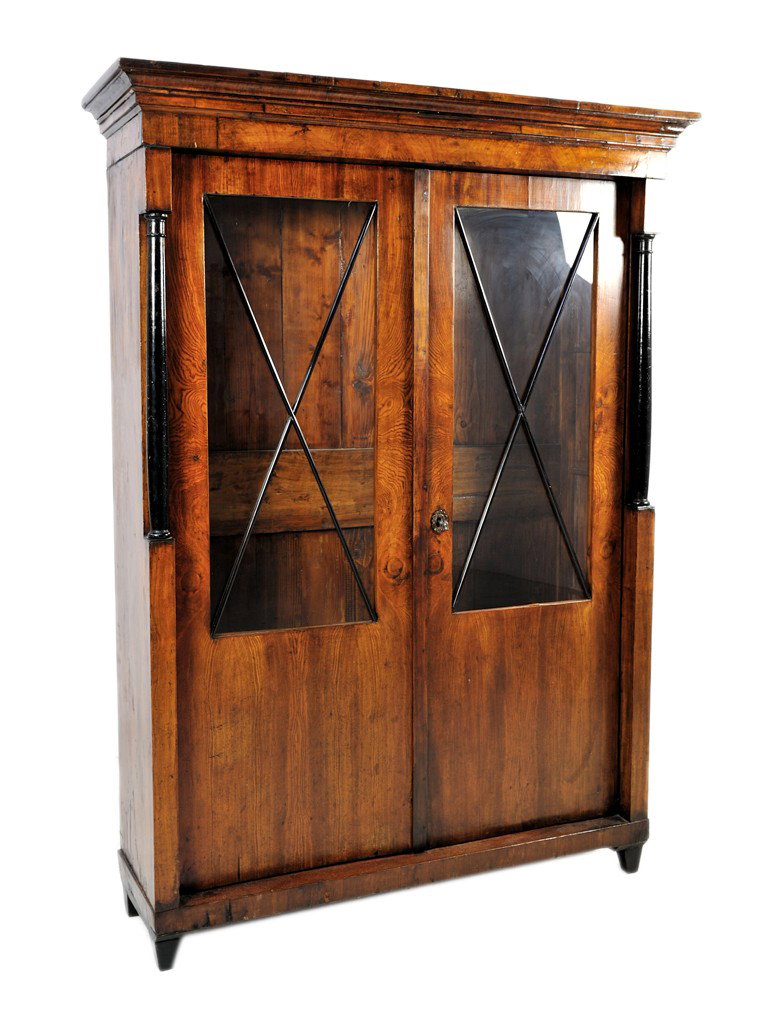 AN ANTIQE WALNUT DISPLAY-CASE CUPBOARD, Late 19th-: AN ANTIQE WALNUT DISPLAY-CASE CUPBOARD, Late 19th-Early 20th Century with later modifications; the upper cabinet with two glass paned doors; with ebonized wooden embellishments; later added lighting; 