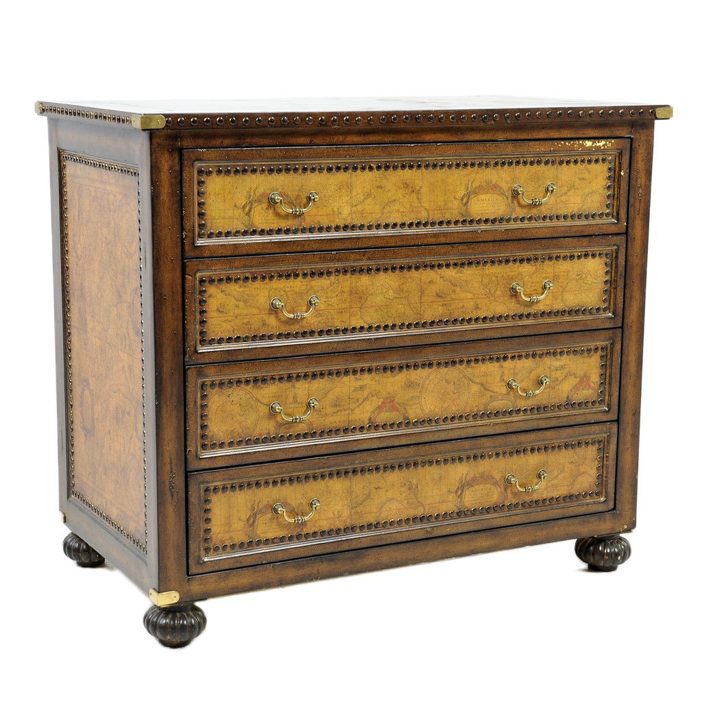A FOUR DRAWER PAINTED CHEST, Late 20th Century: A FOUR DRAWER PAINTED CHEST, Late 20th Century with brass tack detailing; painted antique map veneer to drawer panels; modern sliding rails; some flaking of paint 32 x 37 x 20 inches