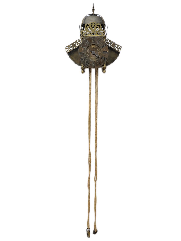 17th CENTURY WINGED LANTERN CLOCK MARKED STEPHEN A: 17th CENTURY WINGED LANTERN CLOCK MARKED STEPHEN ASSELIN 11 x 12 1/2 x 5 1/2 inches