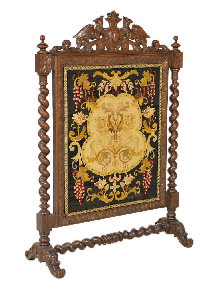 A HENRY II WALNUT AND NEEDLEPOINT FIREPLACE SCREEN: A HENRY II WALNUT AND NEEDLEPOINT FIREPLACE SCREEN French 19th Century 42 1/2 x 29 x 12 inches