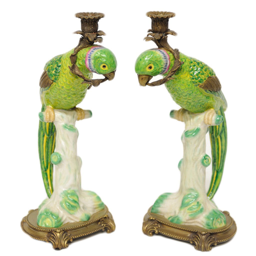 A PAIR OF CASTILLIAN HAND PAINTED CERAMIC PARROT CA: A PAIR OF CASTILLIAN HAND PAINTED CERAMIC PARROT CANDLE HOLDERS with bronze mounts 2 pieces 16 x 7 x 8 1/2 inches