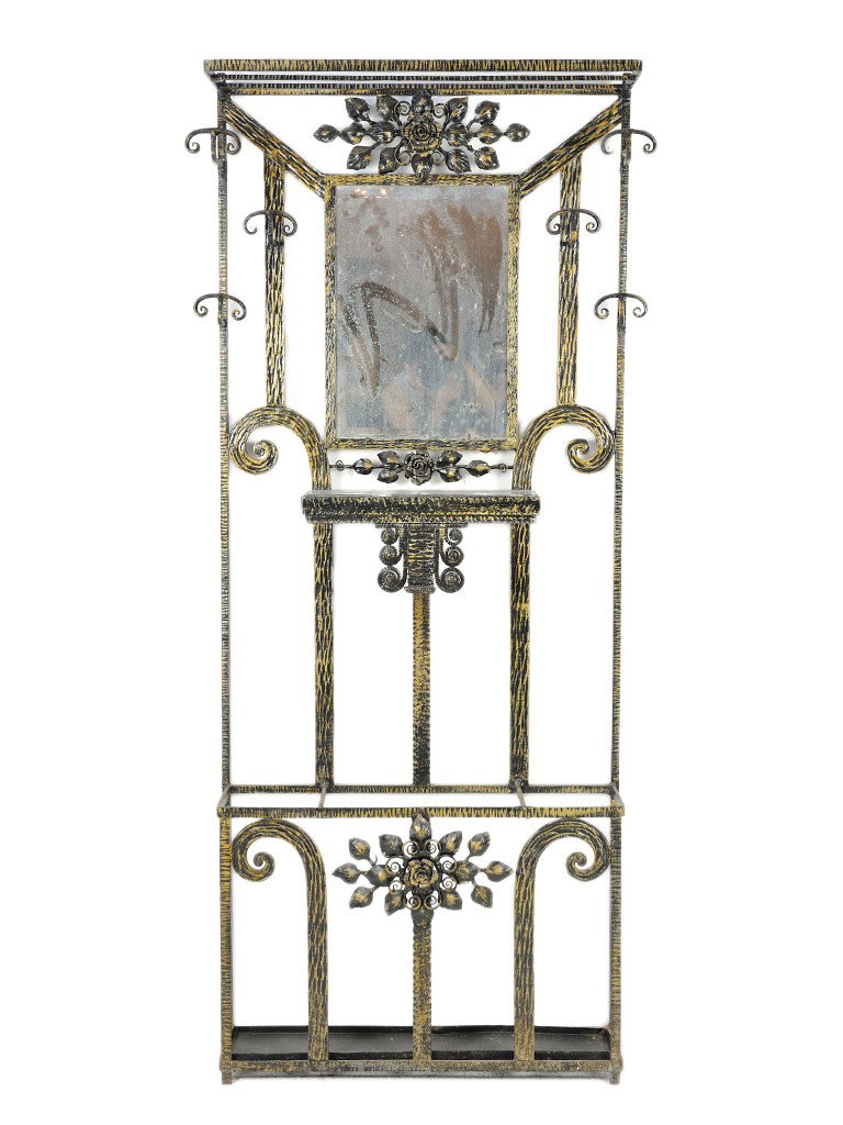 A FRENCH ART NOUVEAU IRON HALL TREE: A FRENCH ART NOUVEAU IRON HALL TREE 75 x 34 x 10 inches
