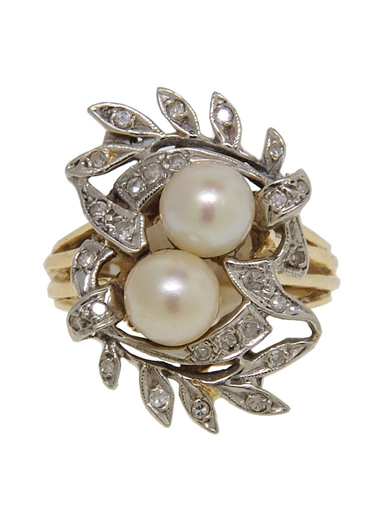 14K TWIN PEARL & DIAMOND RING: 14K TWIN PEARL & DIAMOND RING - Two tone with 2 - 7.0 mm cultured pearls, half drilled, and 26 round diamonds = ..50 Ct., H, VS2. Size 9 1/2.10.0 grams.
